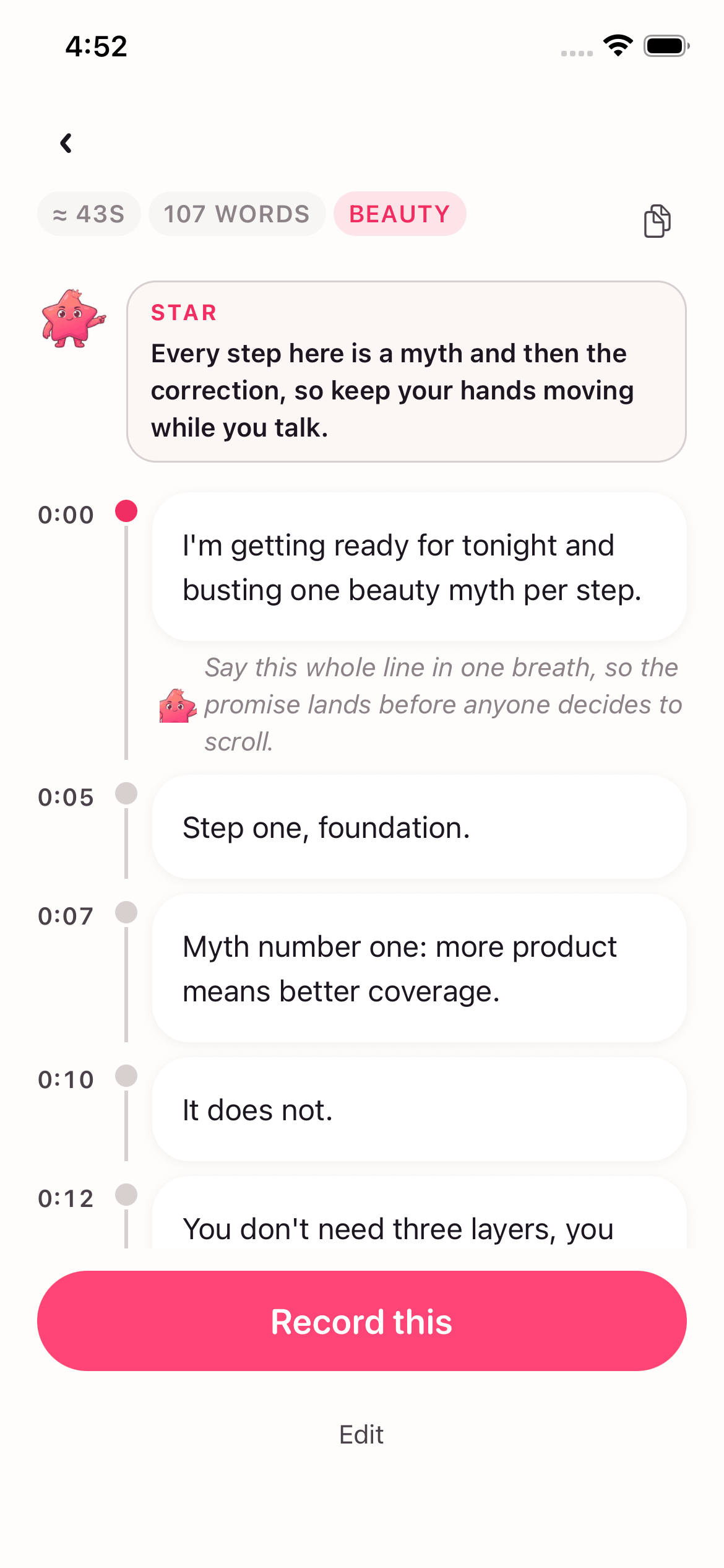 A script broken into beats with timings and delivery notes